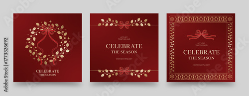 Classic Christmas Social Media Post Templates with Gold Holly Wreath, Red Ribbon and Elegant Ornaments – Luxe Holiday Vector