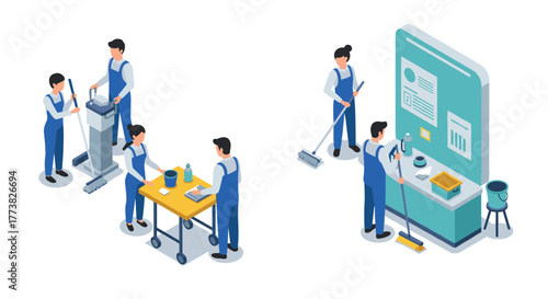 Professional cleaning team working with equipment and tools in modern isometric office setting