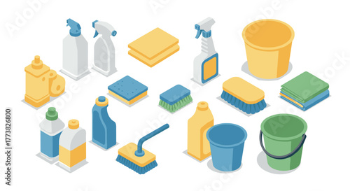 Essential cleaning supplies isometric set featuring bottles, brushes, and buckets for home maintenance