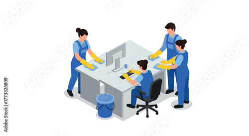 Isometric office cleanup with team in uniforms and cleaning supplies