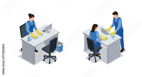 Office cleaning scene with workers in isometric style for workplace hygiene and organization
