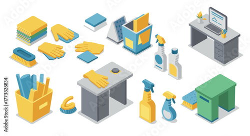 Isometric home office cleaning supplies and desks in modern style