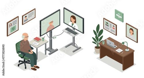 Isometric telemedicine consultation in modern home office setup