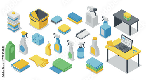 Isometric cleaning supplies collection with various tools and accessories in modern design