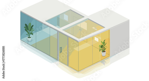 Modern isometric office pods with glass walls and indoor plants