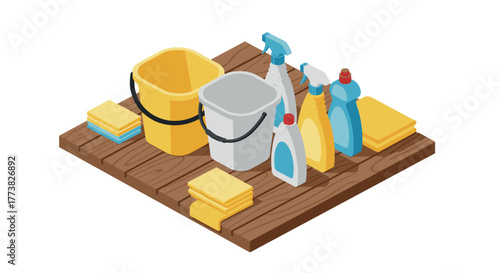 Isometric cleaning supplies on wooden surface