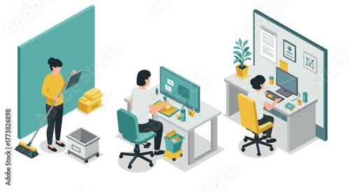 Isometric office scene with employees working and cleaning in a modern workspace