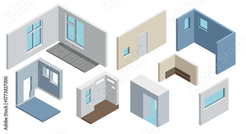 Isometric interior room elements with doors, windows, and walls in 3d design