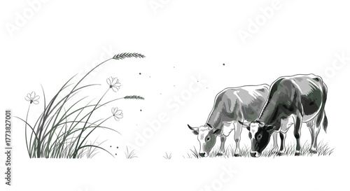 Two domestic cows peacefully graze in a minimalist, black and white ink drawing, depicting a serene rural landscape with stylized grass and delicate wild flowers.