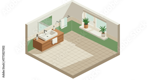 Modern isometric bathroom interior with sink and plants in a bright, minimalist style