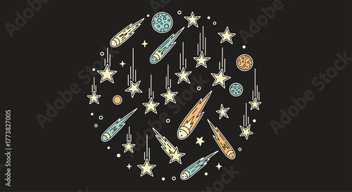 A whimsical retro-style illustration depicting various celestial bodies like shooting stars, planets, and comets arranged in a circular pattern against a dark cosmic background.