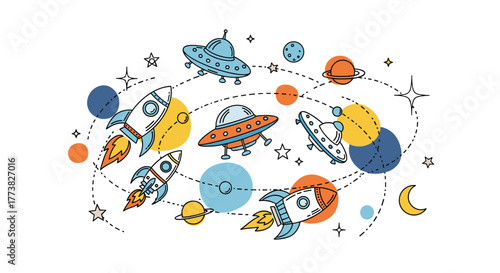 A cheerful and colorful illustration featuring cartoon rockets, flying saucers, and various planets with dotted orbital paths, depicting a whimsical space adventure.