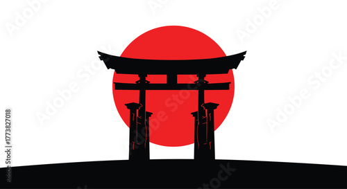 A minimalist silhouette of a traditional Japanese torii gate stands against a vibrant red sun, evoking the iconic flag of Japan's rising sun, on a clean white background.