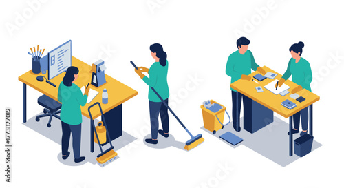 Isometric office cleaning and work scene with employees and desk setup