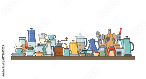 A neatly organized collection of colorful kitchenware, including coffee pots, teapots, cups, and cooking utensils, arranged on a wooden shelf, depicting a modern kitchen setup.
