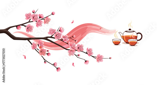 Beautiful cherry blossom branch with delicate pink flowers and falling petals, accompanied by a steaming teapot and teacups, evoking a serene springtime tea ceremony.