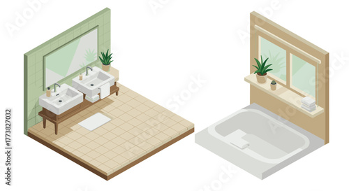 Modern isometric bathroom design with dual sinks and bathtub decor