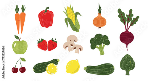 A vibrant collection of freshly harvested fruits and vegetables, including carrots, bell pepper, corn, apple, strawberries, broccoli, and zucchini, arranged on a white background.