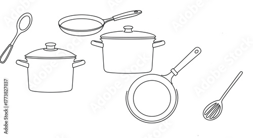 Collection of essential kitchen cookware and utensils, presented as clean black and white line art illustrations on a minimalist background.