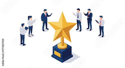 Business team achieving success with trophy in modern isometric style