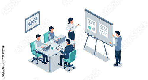 Team meeting with presentation in modern office environment