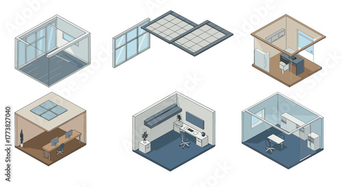 Modern isometric office designs featuring minimalist interiors and large windows