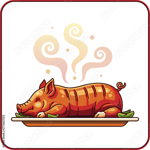 A whole roasted pig with a golden glaze and aromatic patterns is a festive dish for a holiday feast, branded barbecue, and national cuisine illustration