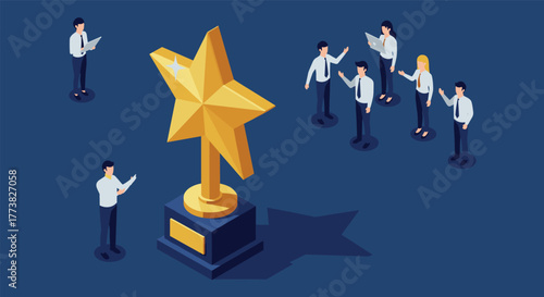 Isometric team gathering around golden trophy star in business setting