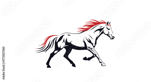 A dynamic and powerful white horse, with a vibrant red mane and tail, depicted in a galloping pose, symbolizing speed, strength, and freedom for logos and branding.