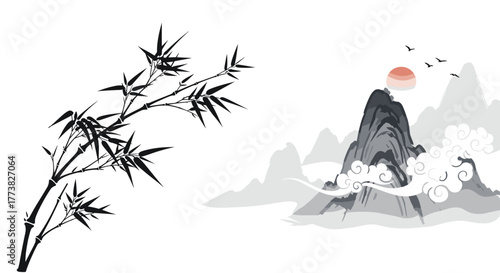 Traditional Chinese ink wash painting featuring elegant bamboo branches and a serene mountain landscape with a setting sun, clouds, and flying birds.