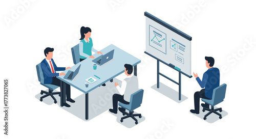 Isometric team meeting with presentation and discussion in office setting