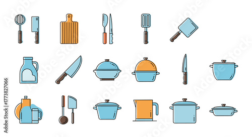 A vibrant collection of modern kitchen essentials and cooking tools, including various pots, pans, knives, and spatulas, perfect for culinary projects.