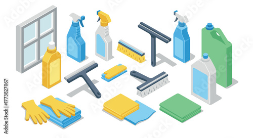 Isometric cleaning supplies set with gloves, sprays, and cloths
