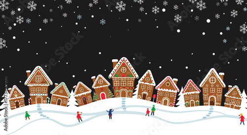 Whimsical winter wonderland scene featuring a joyful gingerbread village, falling snowflakes, and playful children amidst rolling snow-covered hills.