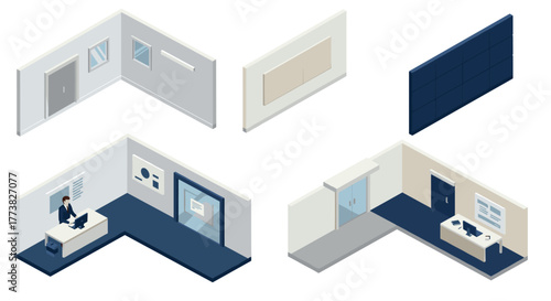 Isometric office and security control room design with modern interior elements