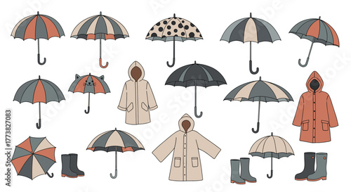 A hand-drawn collection of cozy and stylish rain gear, featuring striped, polka dot, and cat-faced umbrellas, hooded raincoats, and rubber boots in a muted autumn color palette.