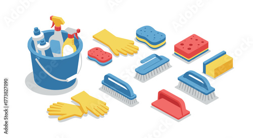 Comprehensive collection of cleaning supplies in isometric style for home maintenance