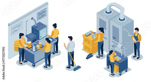 Isometric factory scene with workers and machinery in modern industrial setting