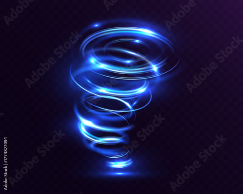 Blue glowing spiral vortex light effect with energy swirl and storm motion on transparent background, luminous rotating tornado shape, futuristic neon spiral energy design element.

