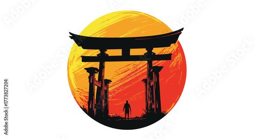 A lone figure stands in silhouette beneath a majestic Japanese Torii gate, framed by the vibrant, textured hues of a dramatic sunrise or sunset.