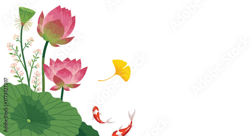 An elegant Asian-inspired illustration featuring vibrant pink lotus flowers, a large green lotus leaf, a unique ginkgo leaf, and graceful koi fish swimming against a clean white background.