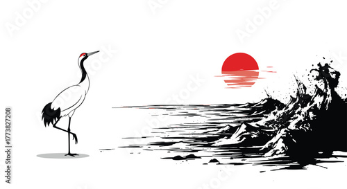 A Japanese red-crowned crane gracefully balances by turbulent black ink waves, with a radiant red sun reflecting on the distant horizon in a traditional minimalist style.