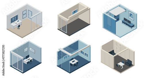 Isometric office room layouts with modern furniture and glass walls