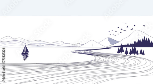 Serene minimalist landscape illustration of a mountain lake with a sailboat, distant peaks, evergreen trees, and birds, complemented by a curving path.