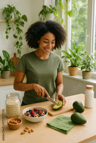 Young woman preparing healthy vegan meal in eco-friendly modern kitchen