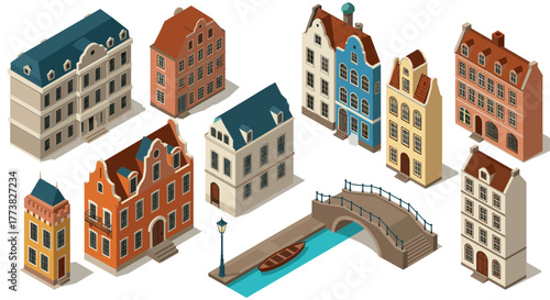 Charming european architecture with historic canal and bridge in isometric design