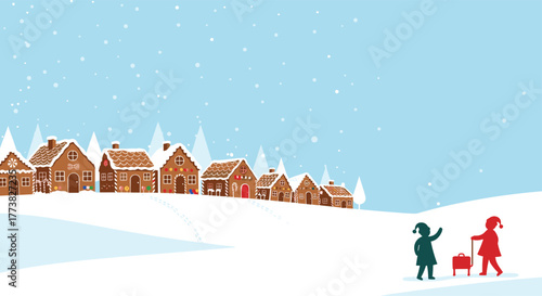 Festive winter scene featuring a quaint gingerbread house village under falling snow, with two children and a suitcase, evoking holiday travel and joy.
