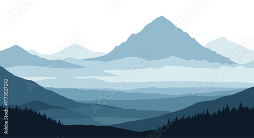 A tranquil layered landscape illustration depicting rolling blue mountain ranges with misty peaks receding into the distance, framed by dark evergreen forests.