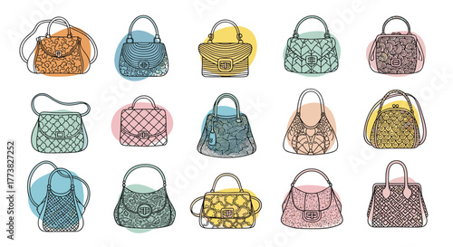A charming collection of fifteen unique and stylish hand-drawn women's handbags, featuring diverse designs and patterns, perfect for fashion and accessory themes.
