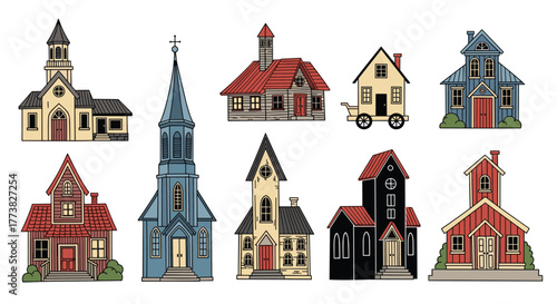 A charming collection of hand-drawn, quaint architectural illustrations, featuring various church-like structures, classic homes, and a unique house on wheels.
